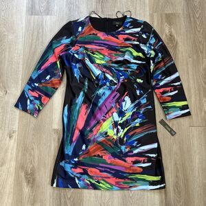 Maia Dress Women’s Size 14 Multi Color Black Knee Length Long Sleeve Lined NWT